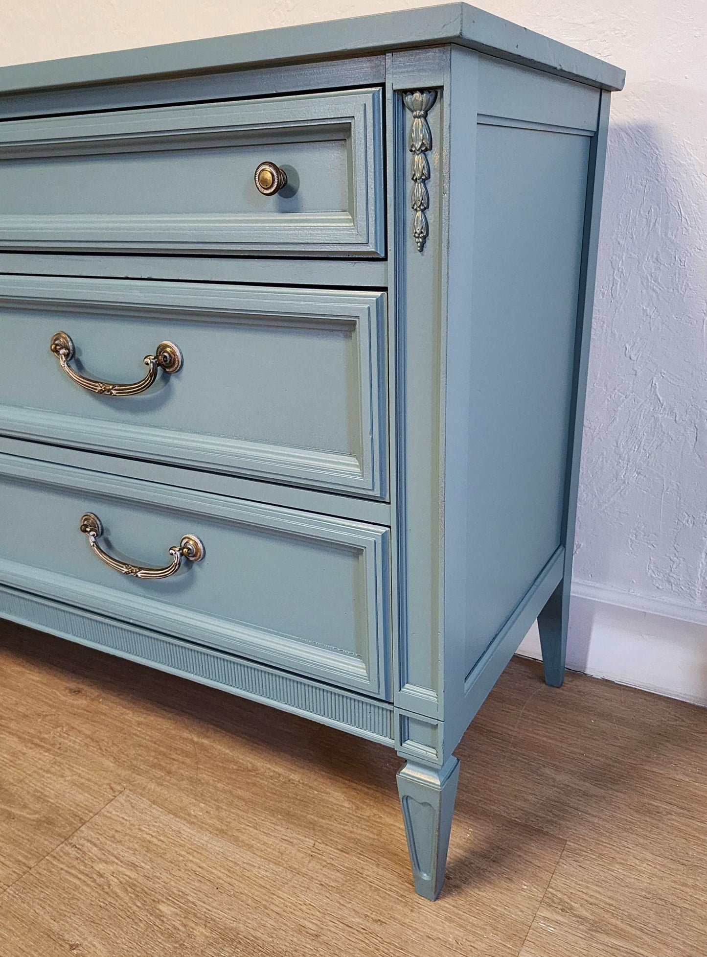 French Blue Vintage Console Dresser-Romantic Blue & Gilt Media Credenza MCM Basic Witz Buffet