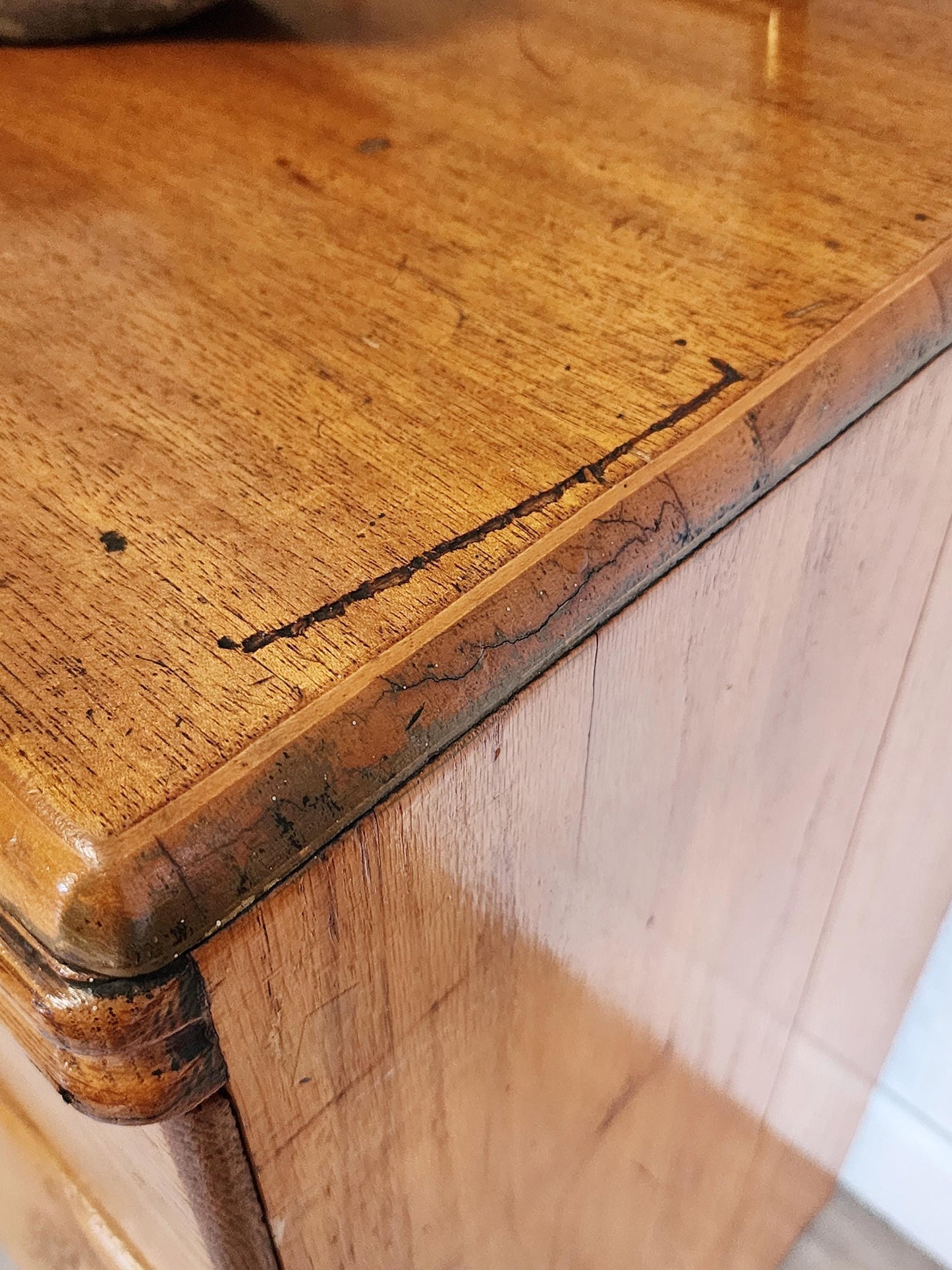 Antique Farmhouse Tulip Server Cabinet | Meier & Pohlmann Inlaid Wood Primitive Style Buffet Sideboard Linen Cabinet