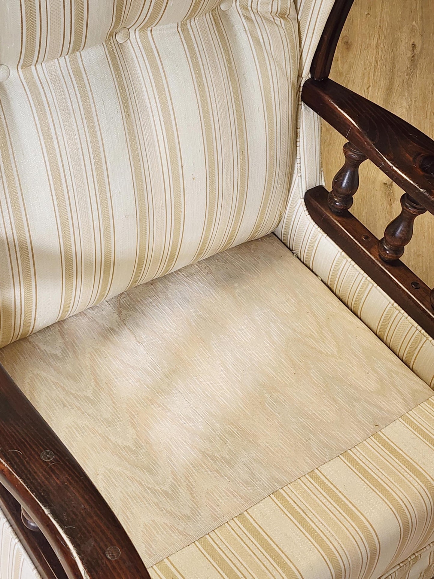 Vintage Dark Wood Sofa or Armchair-Ethan Allen Style 1970's Wood & Skirted Pinstripe Couch /  Wood Frame Retro Chair Livingroom Set