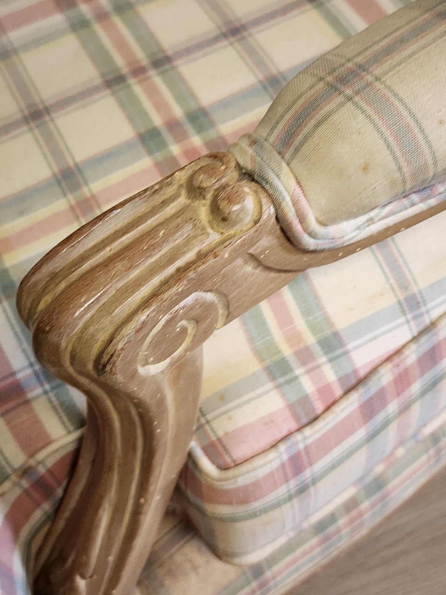 Pair Vintage Sherrill French Country Style Bergere Chairs-Carved Washed Wood Armchairs-For Reupholstering