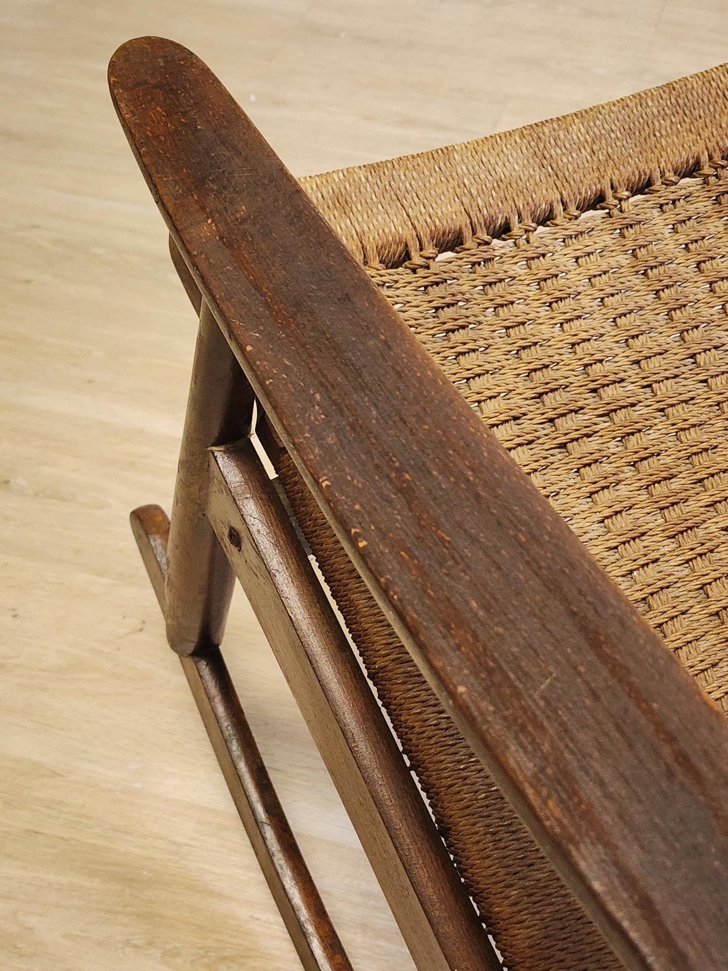 Wegner Style Rope Rocking Chair, Woven Rocker, Yugoslavian Twisted Cord Rocking Chair