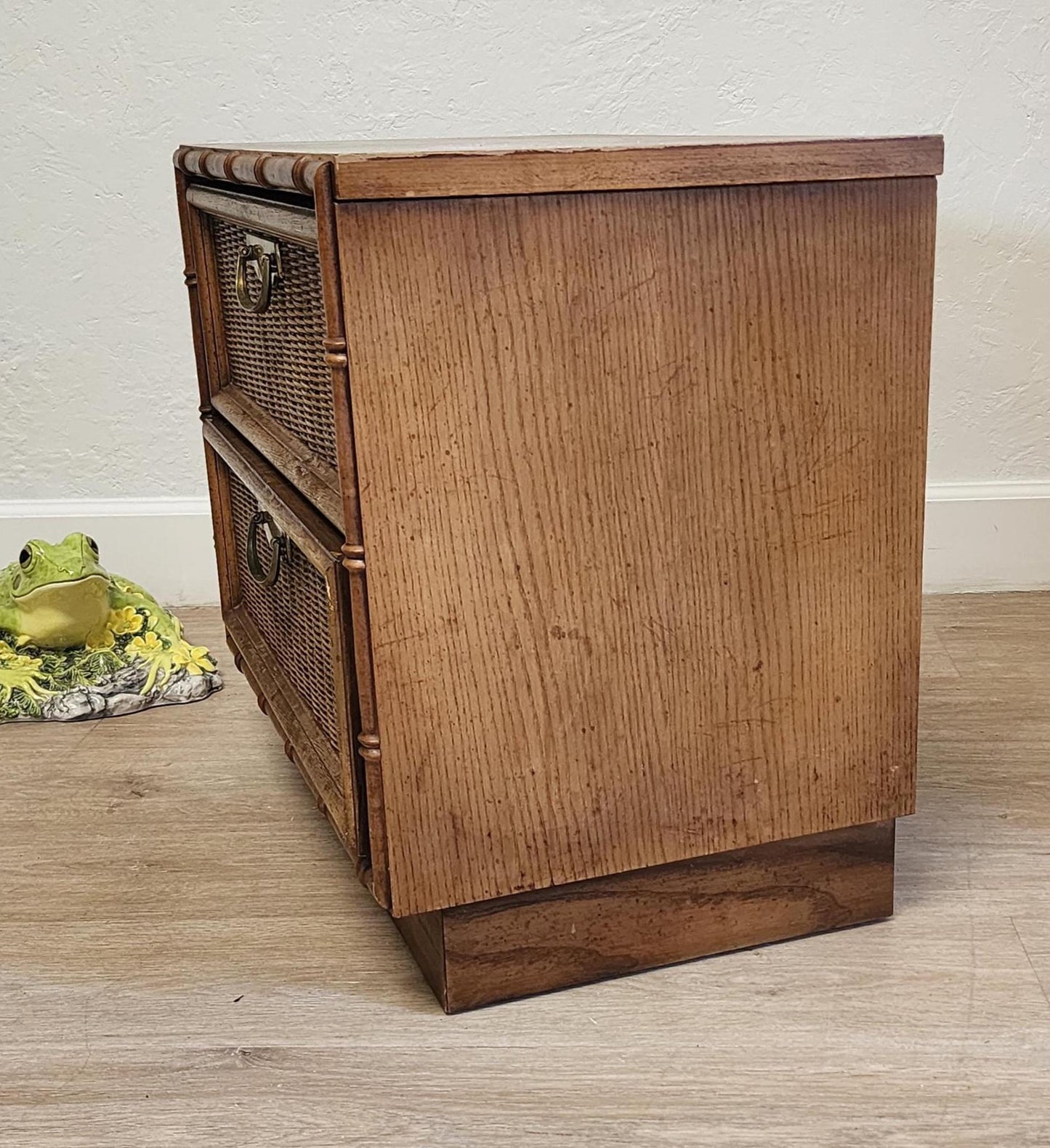 Thomasville Faux Bamboo 2 Drawer Rattan Woven Coastal Nightstand-Vintage Palm Beach End Table-Customize Option