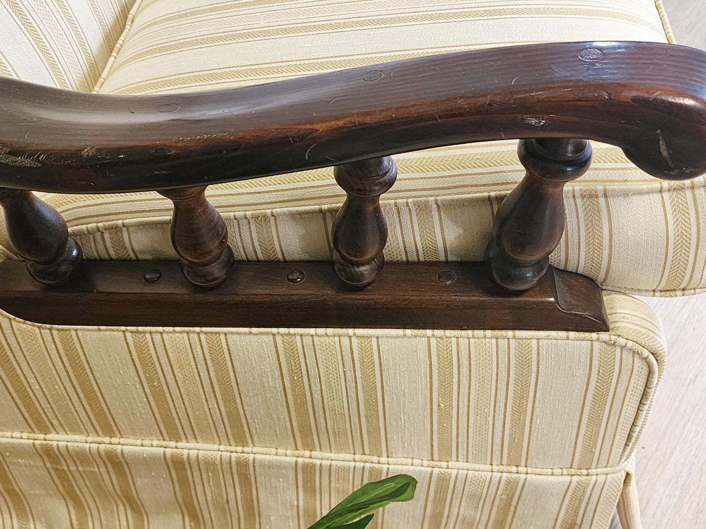 Vintage Dark Wood Sofa or Armchair-Ethan Allen Style 1970's Wood & Skirted Pinstripe Couch /  Wood Frame Retro Chair Livingroom Set