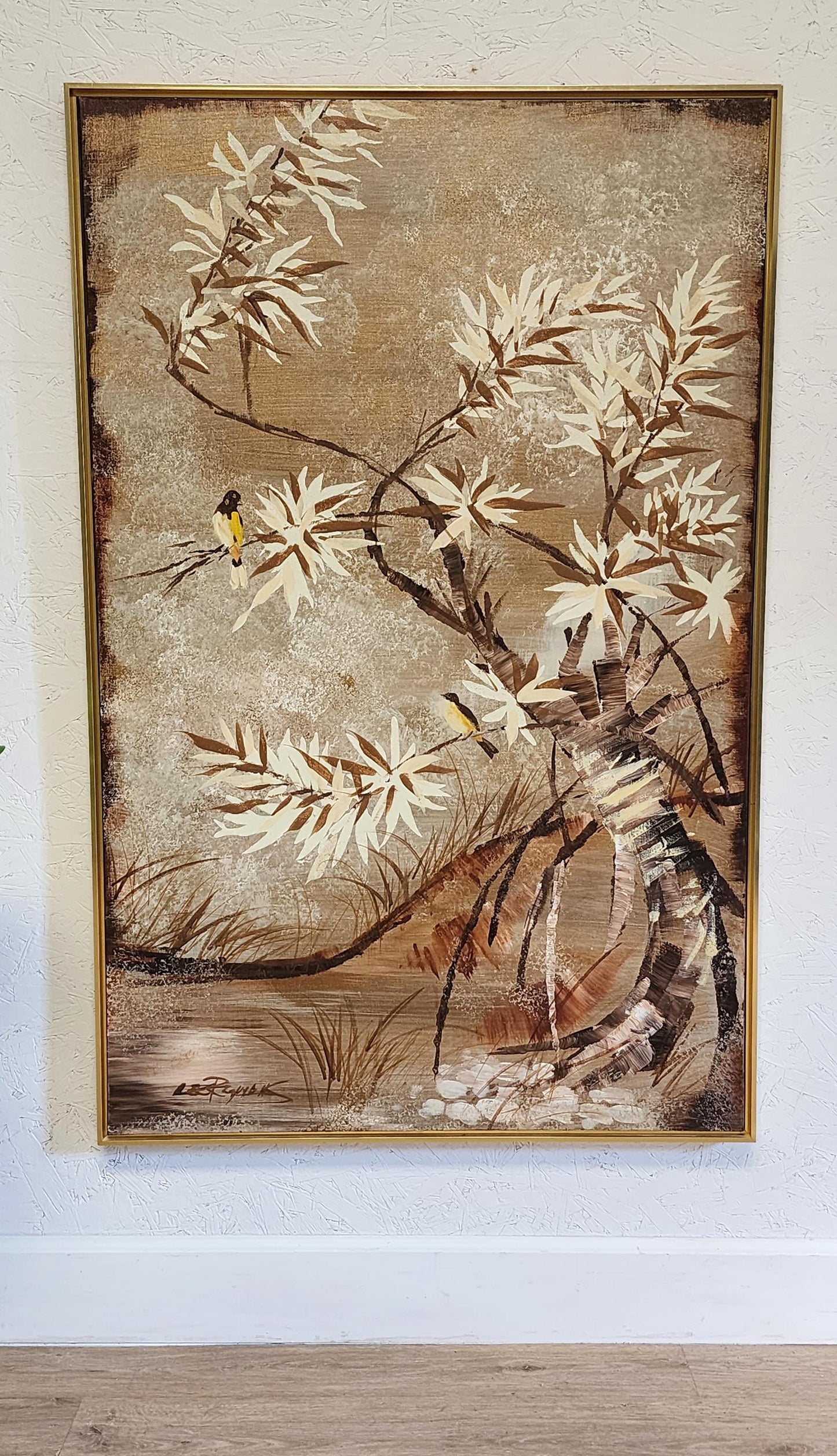 LEE Reynolds Birds w/ Bamboo  MCM Vanguard Studios Asian Nature LARGE Vertical Painting, Earth Tones Vintage Reynolds