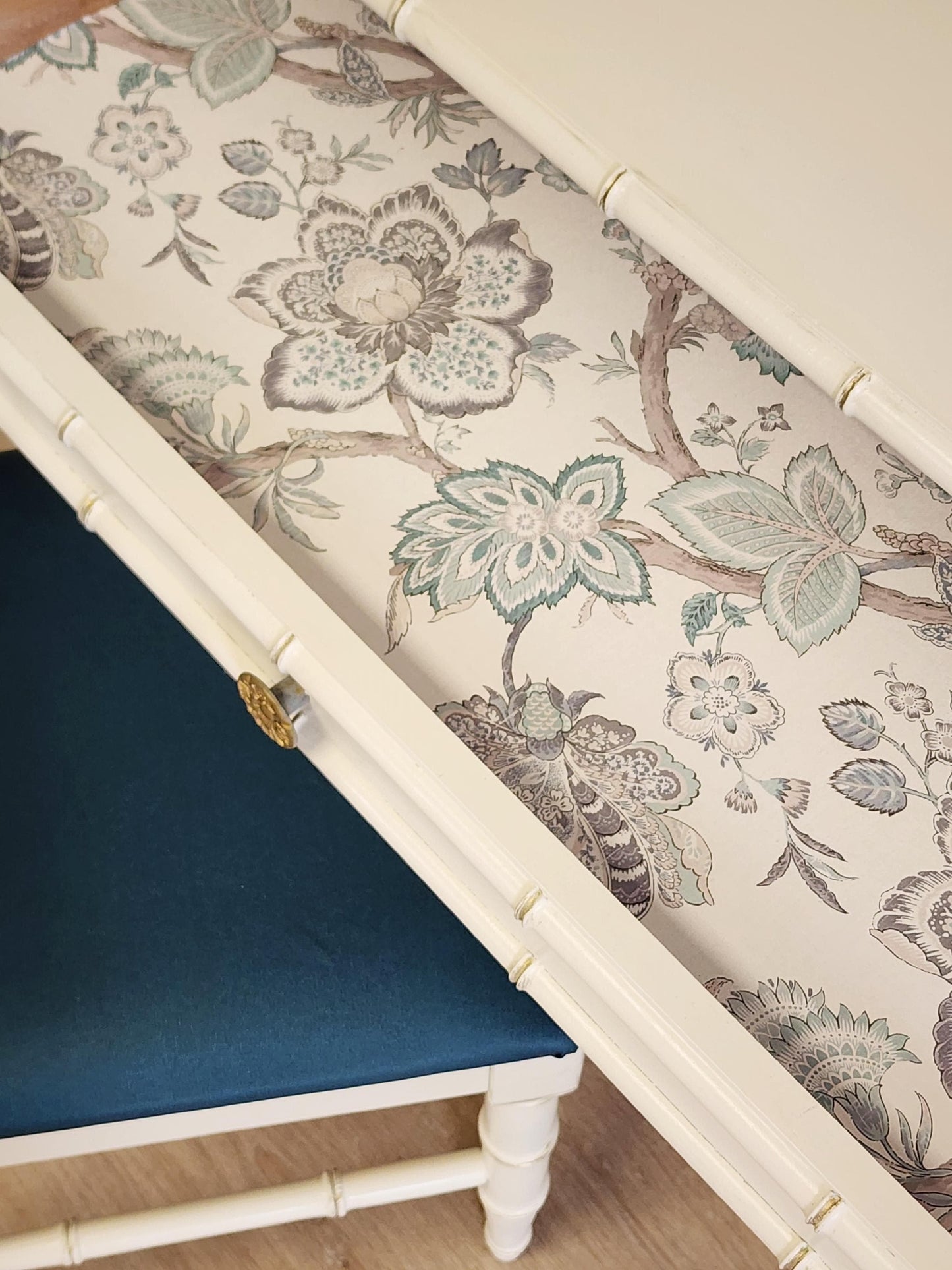 Dixie Aloha Writing Desk, Upcycled Dixie Faux Bamboo & Gold Desk Chair Set, MCM Hairpin Bamboo Console Desk, Hollywood Regency Vanity Desk