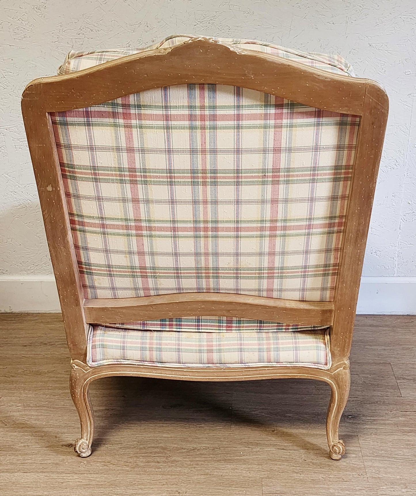 Pair Vintage Sherrill French Country Style Bergere Chairs-Carved Washed Wood Armchairs-For Reupholstering