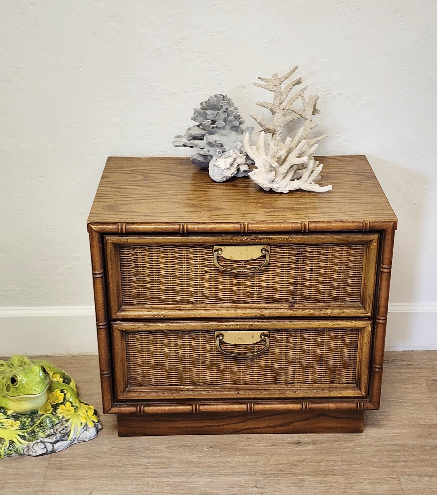 Thomasville Faux Bamboo 2 Drawer Rattan Woven Coastal Nightstand-Vintage Palm Beach End Table-Customize Option