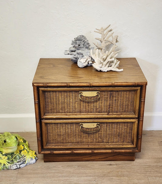 Thomasville Faux Bamboo 2 Drawer Rattan Woven Coastal Nightstand-Vintage Palm Beach End Table-Customize Option