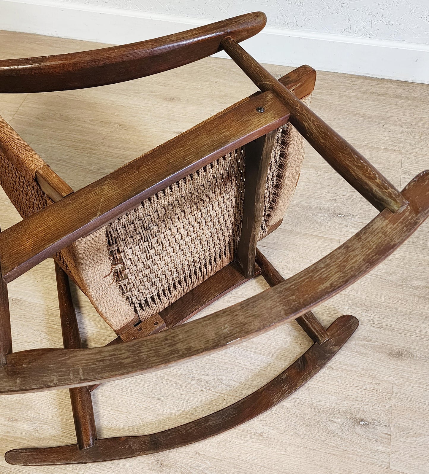 Wegner Style Rope Rocking Chair, Woven Rocker, Yugoslavian Twisted Cord Rocking Chair