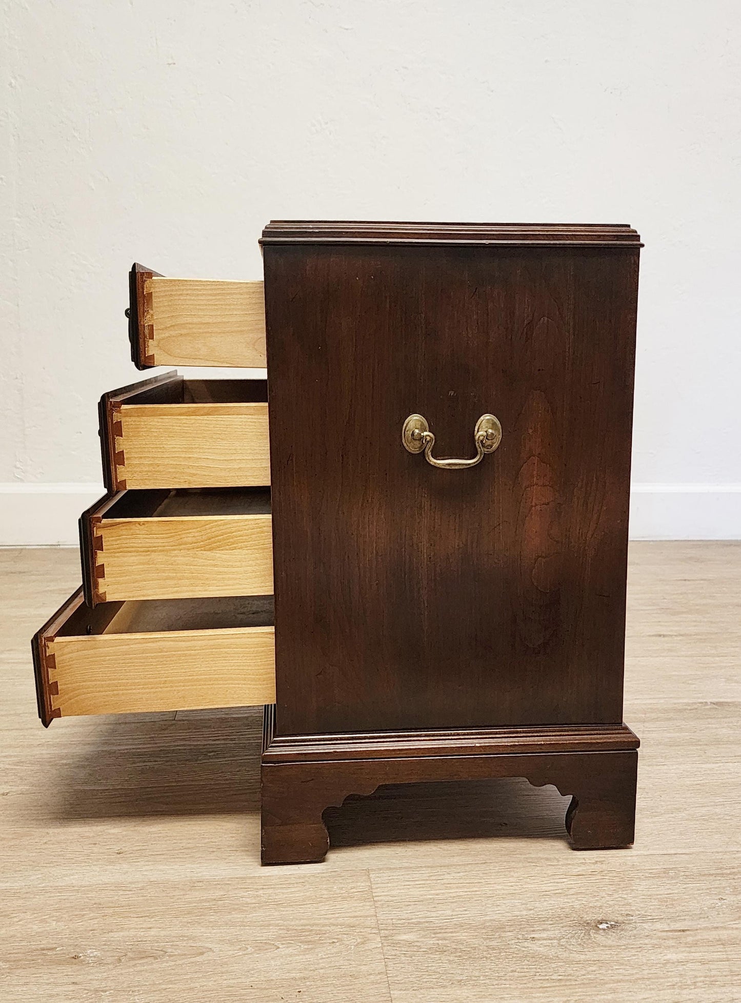 Petite Ethan Allen Georgian Bedside Chest-Traditional 4 Drawer Silver Chest, Nightstand With Brass Handles, Chairside End Table 11-3005