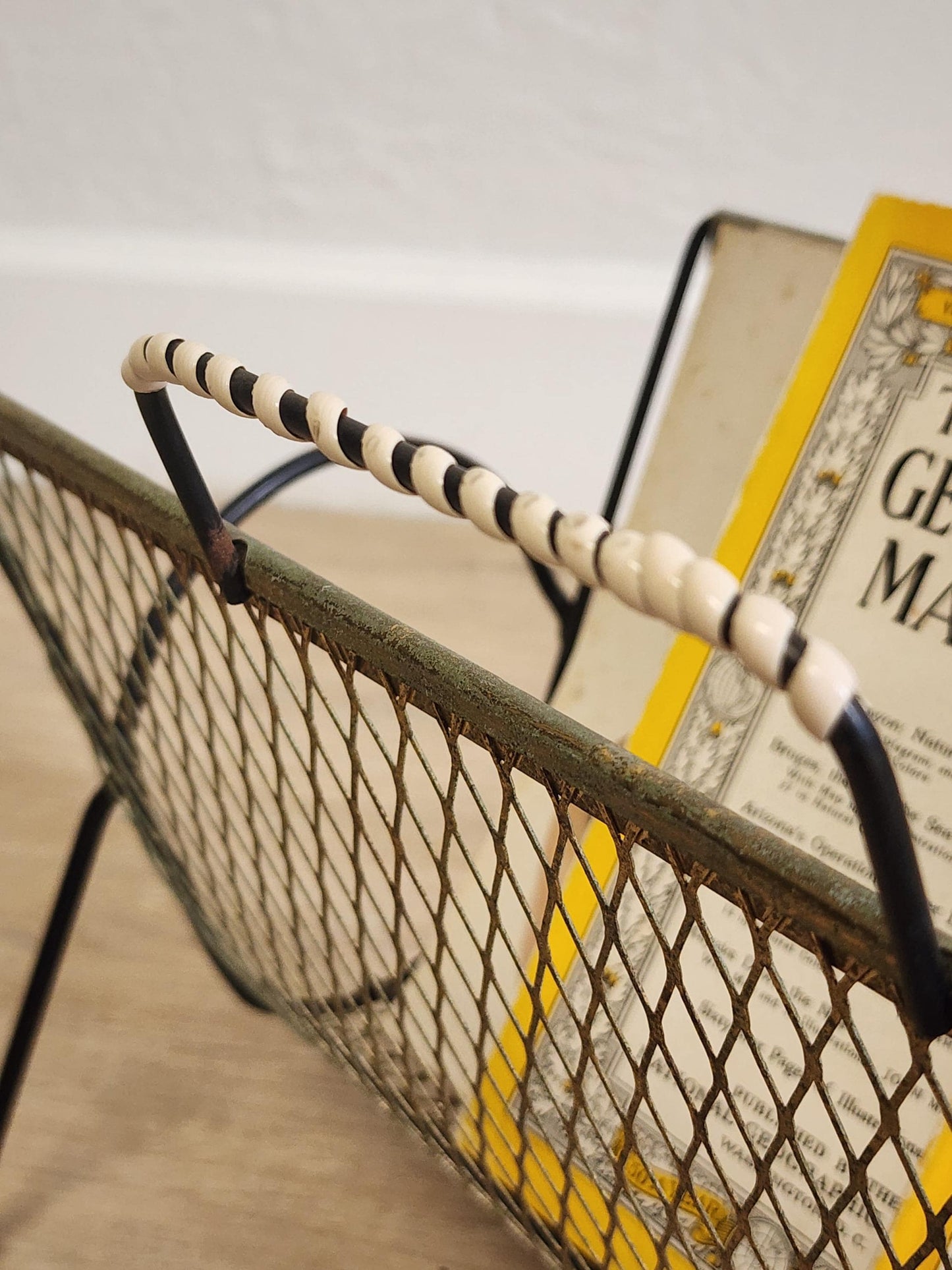 Vintage Gold Mesh Magazine Rack-MCM Black Gilt Wire Ball Foot Floor Basket-Retro Vinyl Album Storage Holder