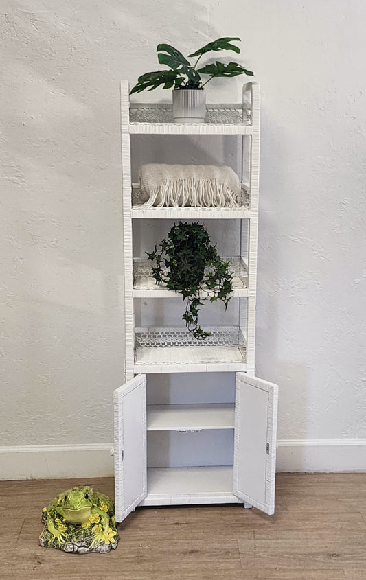 Vintage White Wicker Etagere Shelf-Imported Narrow Coastal Storage Cabinet Shelf-Boho Florida