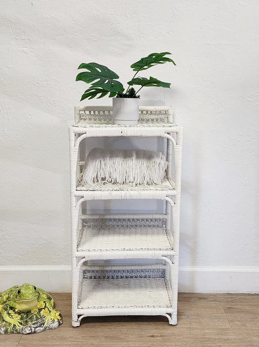 Leader's Vintage White Wicker4 Tier Shelf-Petite Narrow Coastal Storage Display-Vintage Florida