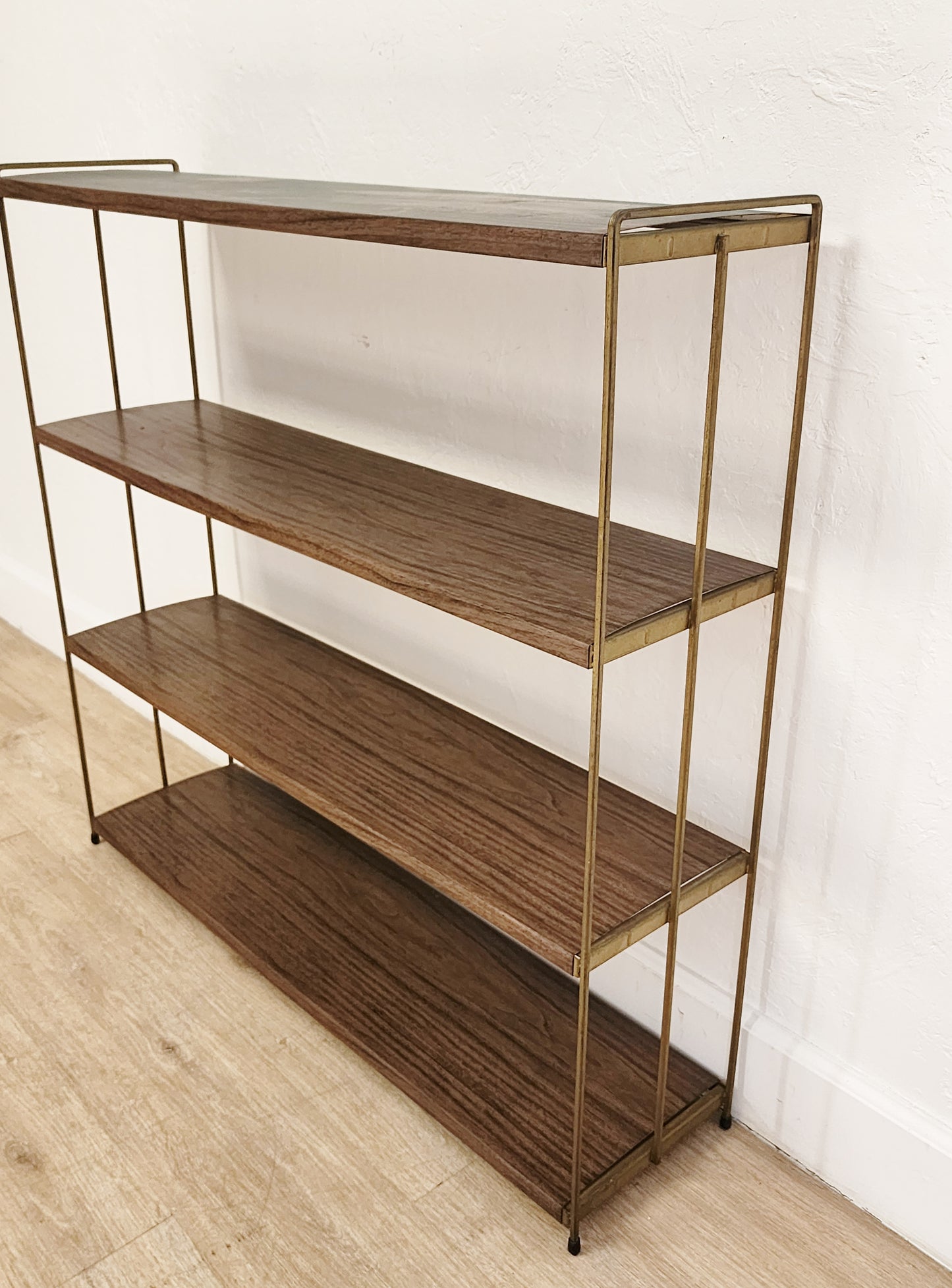 MCM Metal Faux Wood Bookshelf-Minimalist 4 Tier Paul McCobb Style Floor Shelf