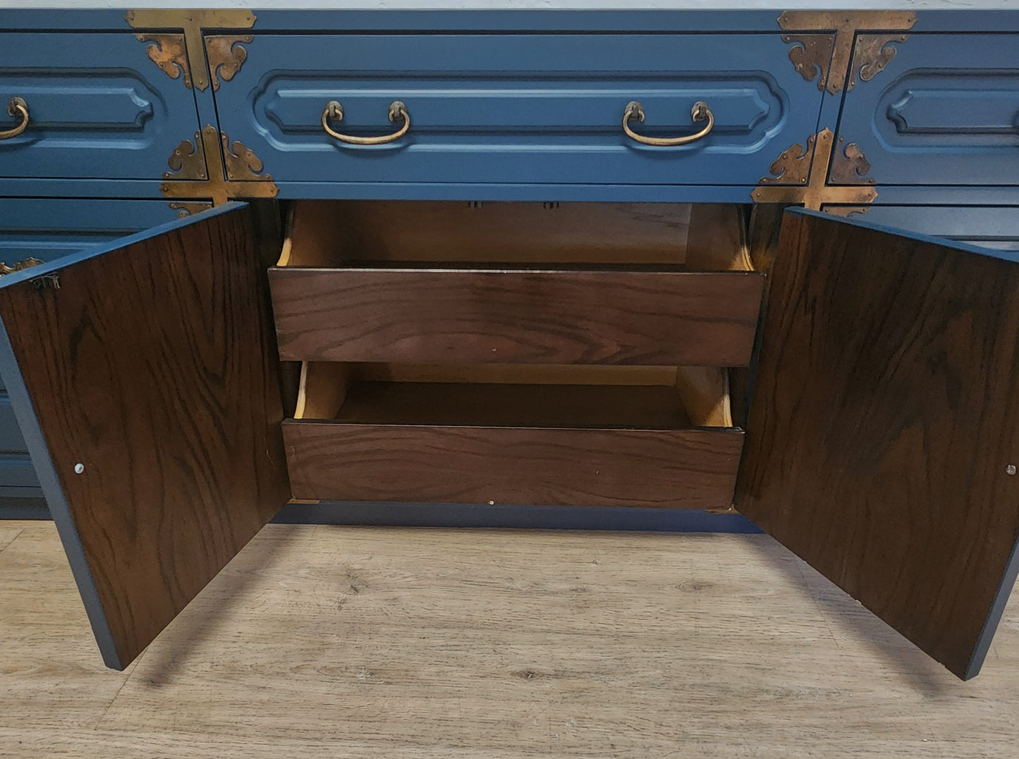 Vintage BLUE Bernhardt Chinoiserie 9 Drawer Campaign Buffet Dresser Media Console-Peacock Blue