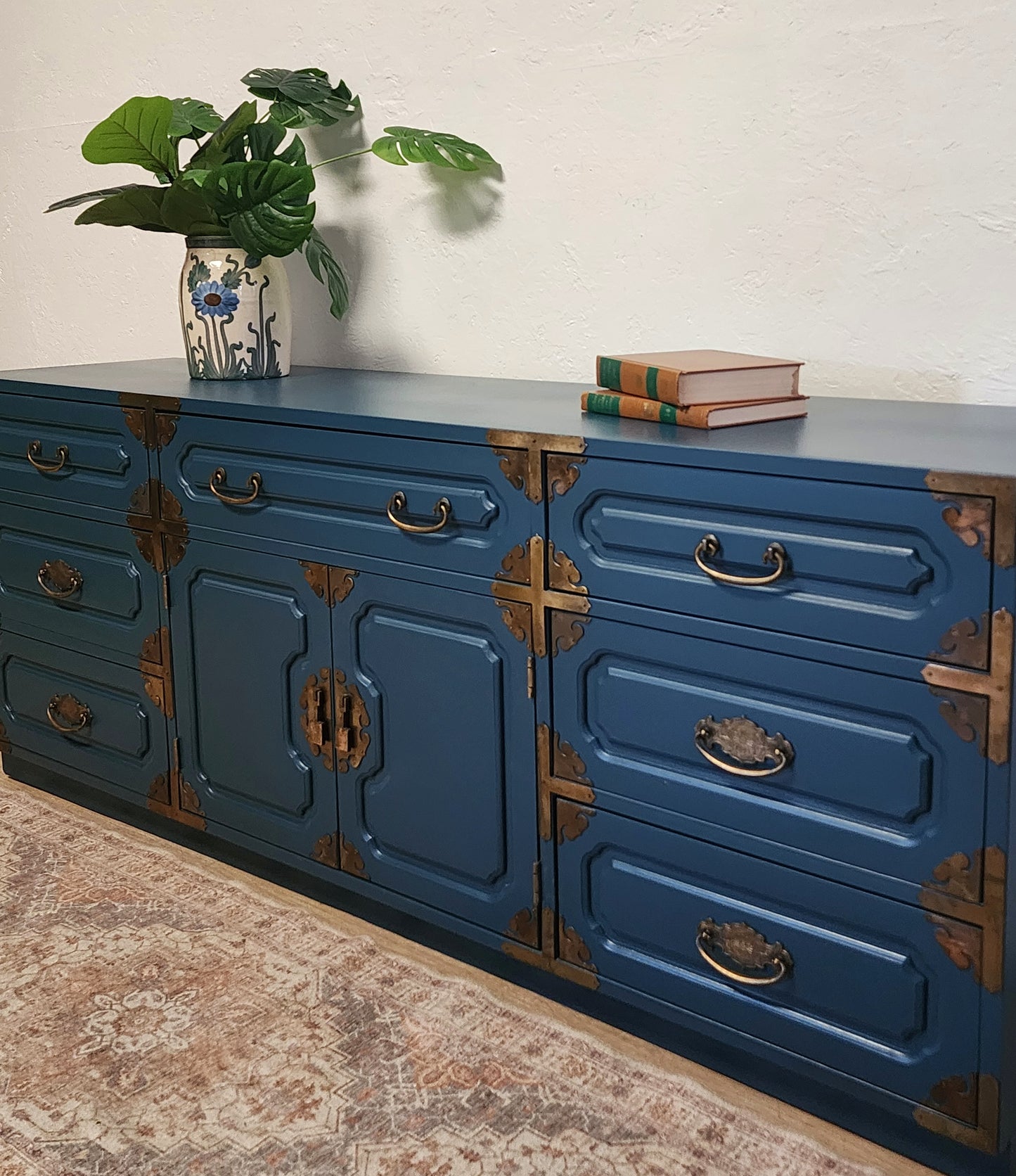 Vintage BLUE Bernhardt Chinoiserie 9 Drawer Campaign Buffet Dresser Media Console-Peacock Blue