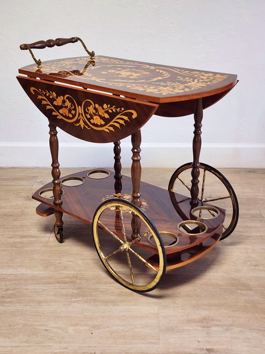 Vintage Inlaid Italian Tea Trolley Bar Wine Cart-2 Tier Marquetry Dropleaf Liquor Server-NICE!