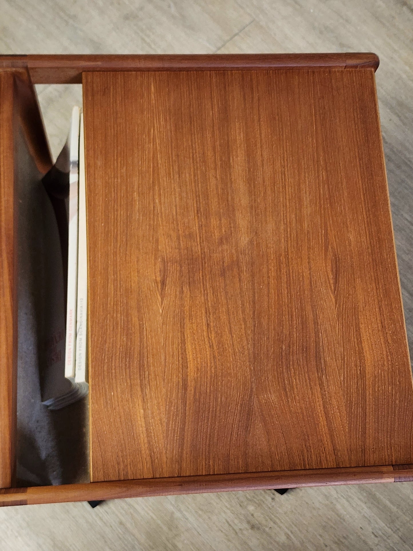 Vintage Danish Teak Rolling Table Magazine Rack w/ HEMP Sling FBJ MOBLER Denmark