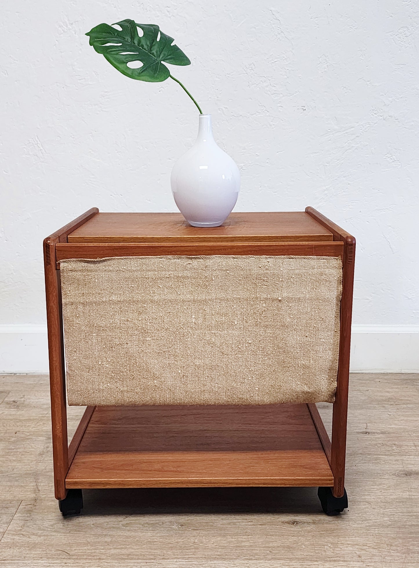 Vintage Danish Teak Rolling Table Magazine Rack w/ HEMP Sling FBJ MOBLER Denmark