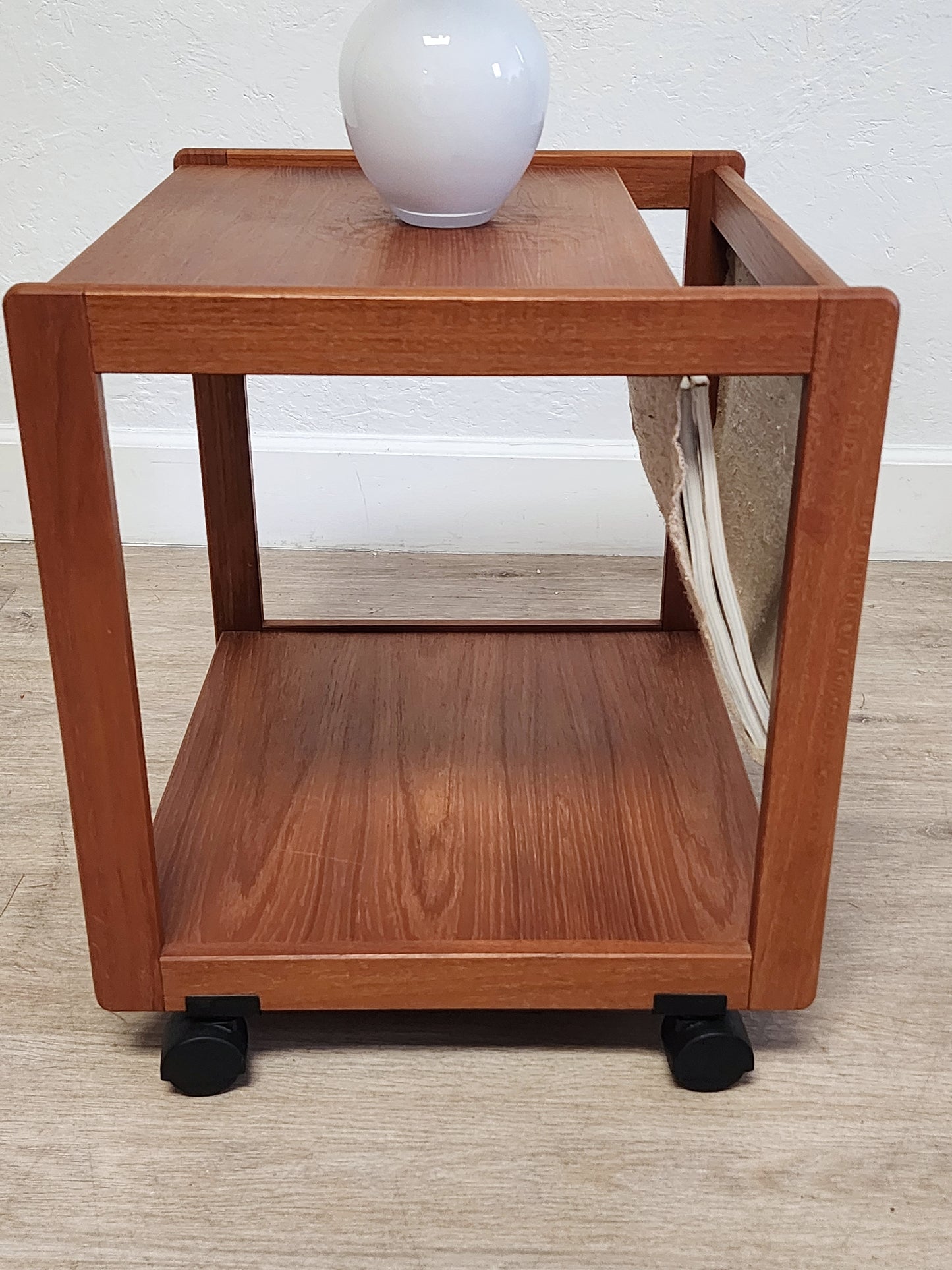 Vintage Danish Teak Rolling Table Magazine Rack w/ HEMP Sling FBJ MOBLER Denmark