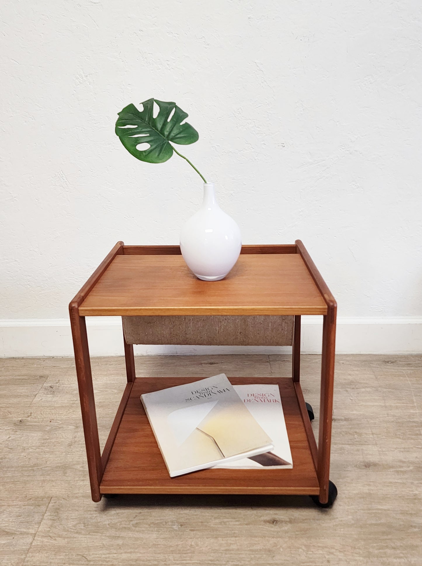 Vintage Danish Teak Rolling Table Magazine Rack w/ HEMP Sling FBJ MOBLER Denmark