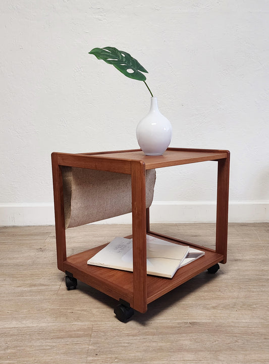 Vintage Danish Teak Rolling Table Magazine Rack w/ HEMP Sling FBJ MOBLER Denmark