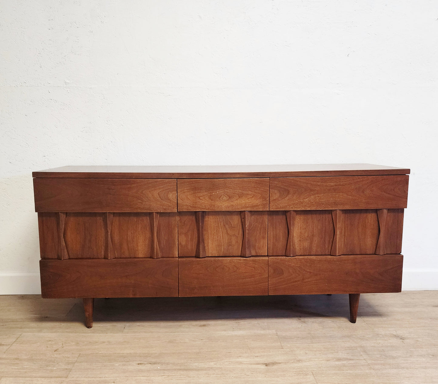 MCM American of Martinsville Sculptural Solid Wood Console-Dresser or Tall Chest