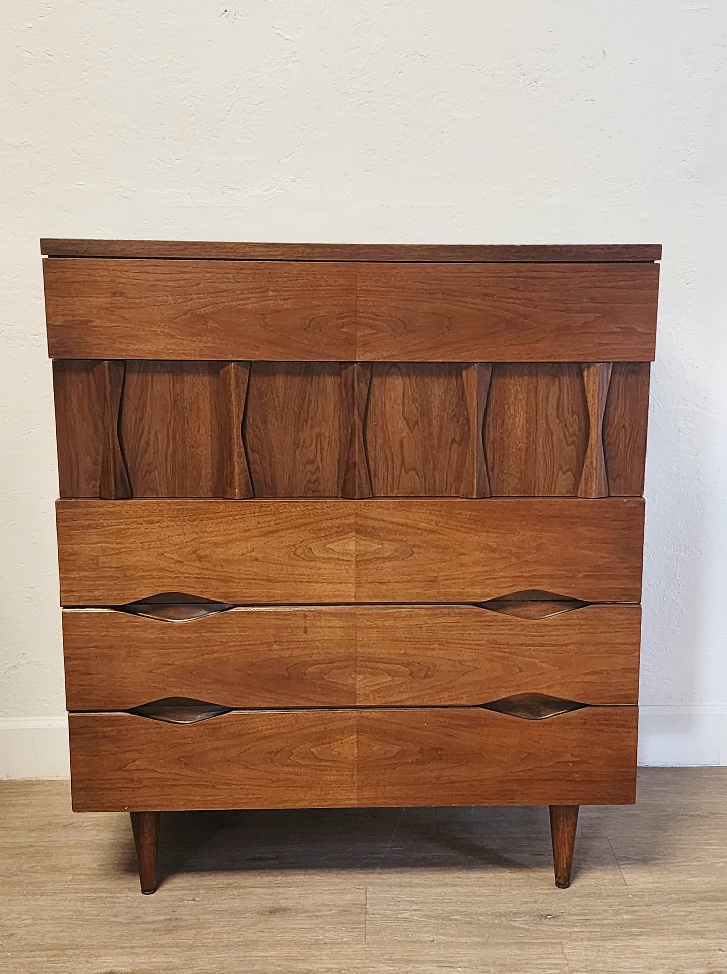 MCM American of Martinsville Sculptural Solid Wood Console-Dresser or Tall Chest