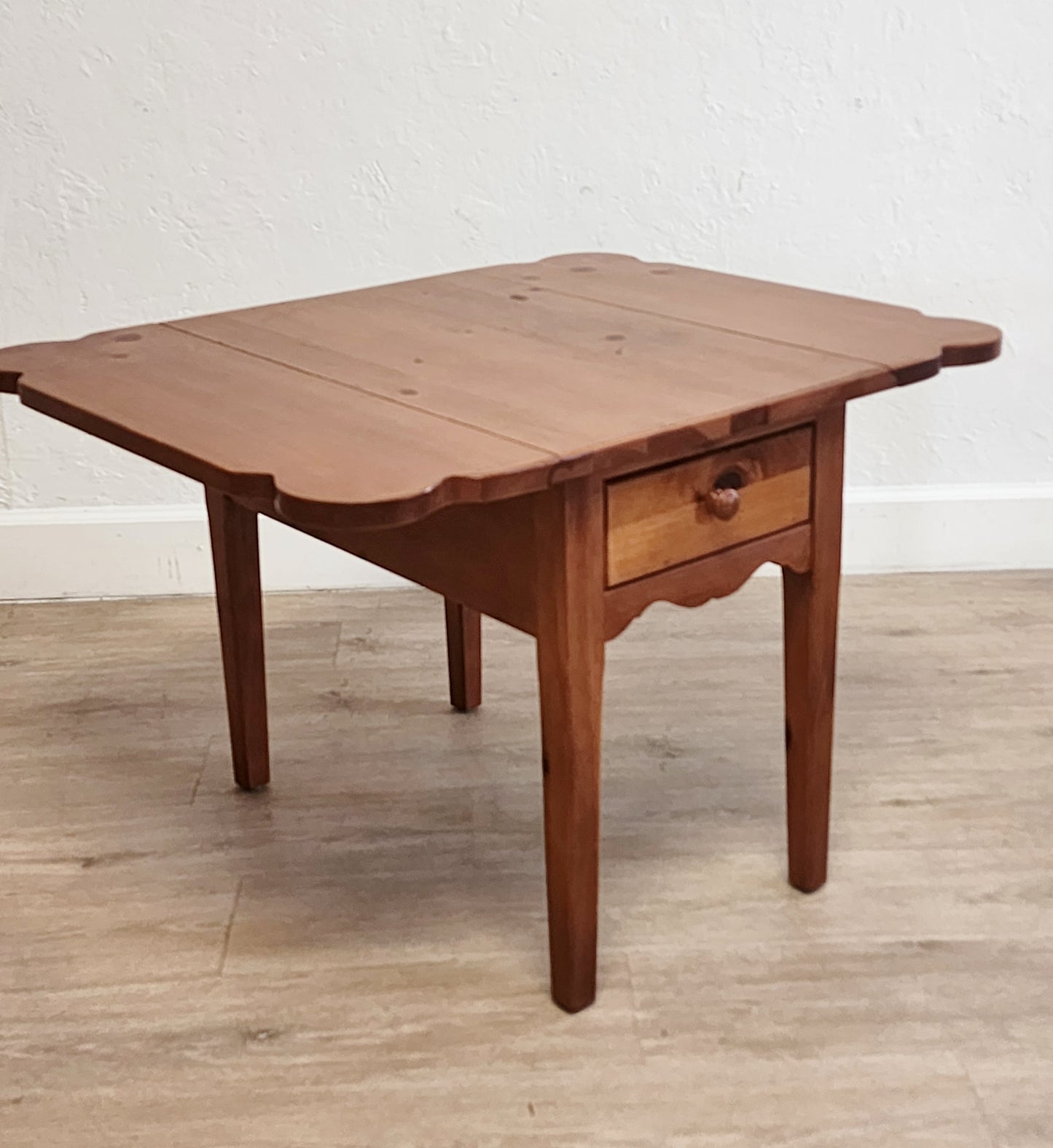 Broyhill Farmhouse Dropleaf End Tables-Rustic Solid Pine Single Drawer Large Side Tables