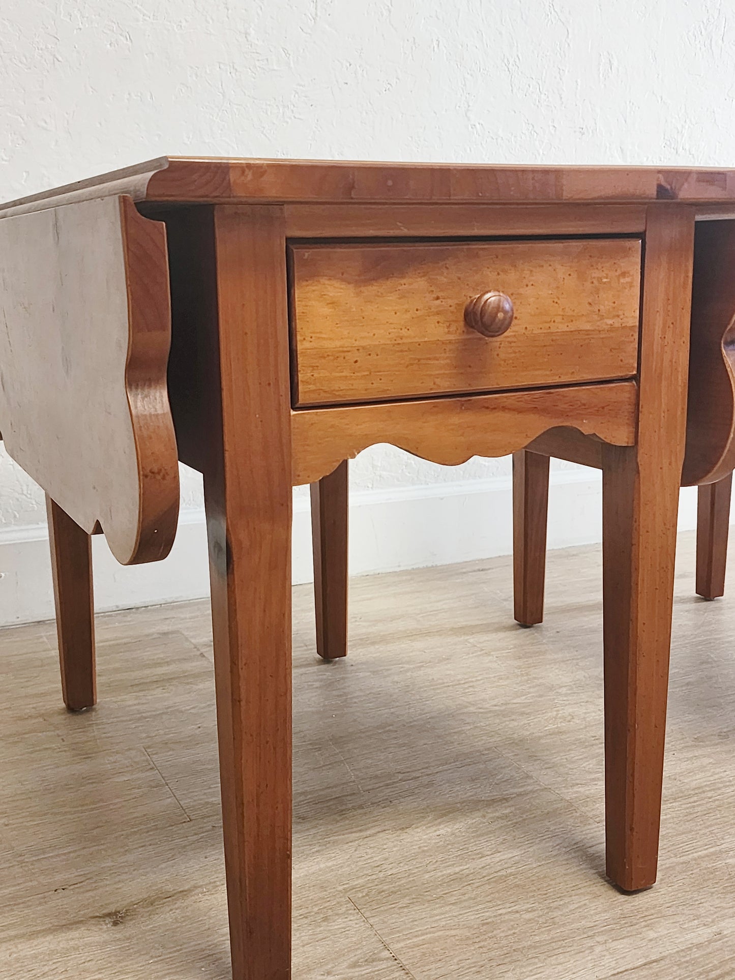Broyhill Farmhouse Dropleaf End Tables-Rustic Solid Pine Single Drawer Large Side Tables