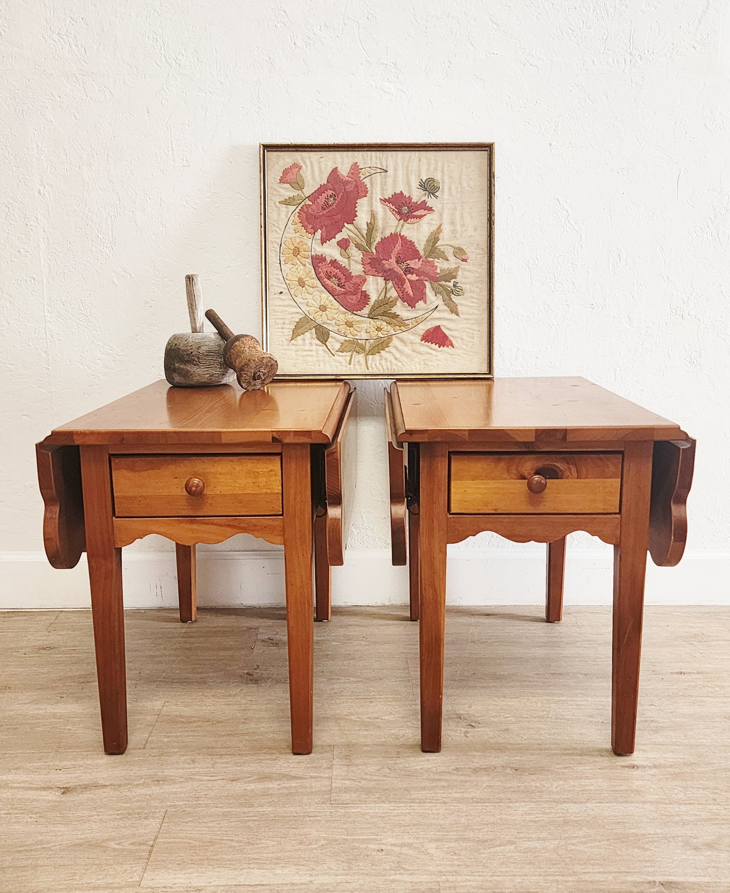 Broyhill Farmhouse Dropleaf End Tables-Rustic Solid Pine Single Drawer Large Side Tables