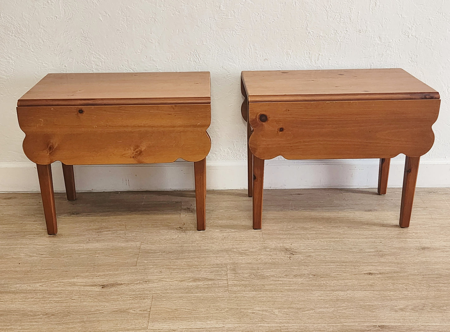 Broyhill Farmhouse Dropleaf End Tables-Rustic Solid Pine Single Drawer Large Side Tables