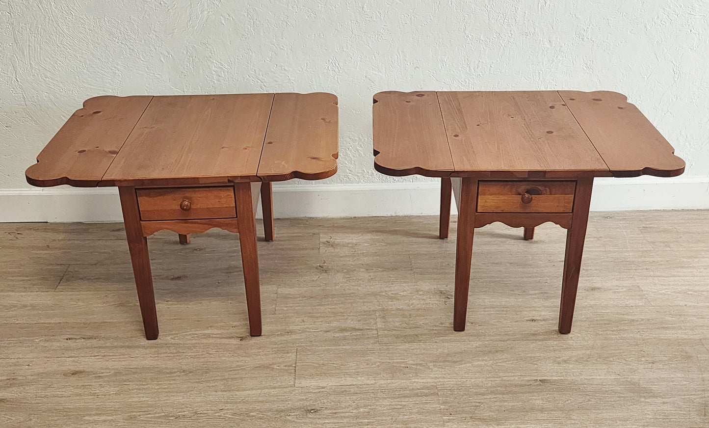 Broyhill Farmhouse Dropleaf End Tables-Rustic Solid Pine Single Drawer Large Side Tables