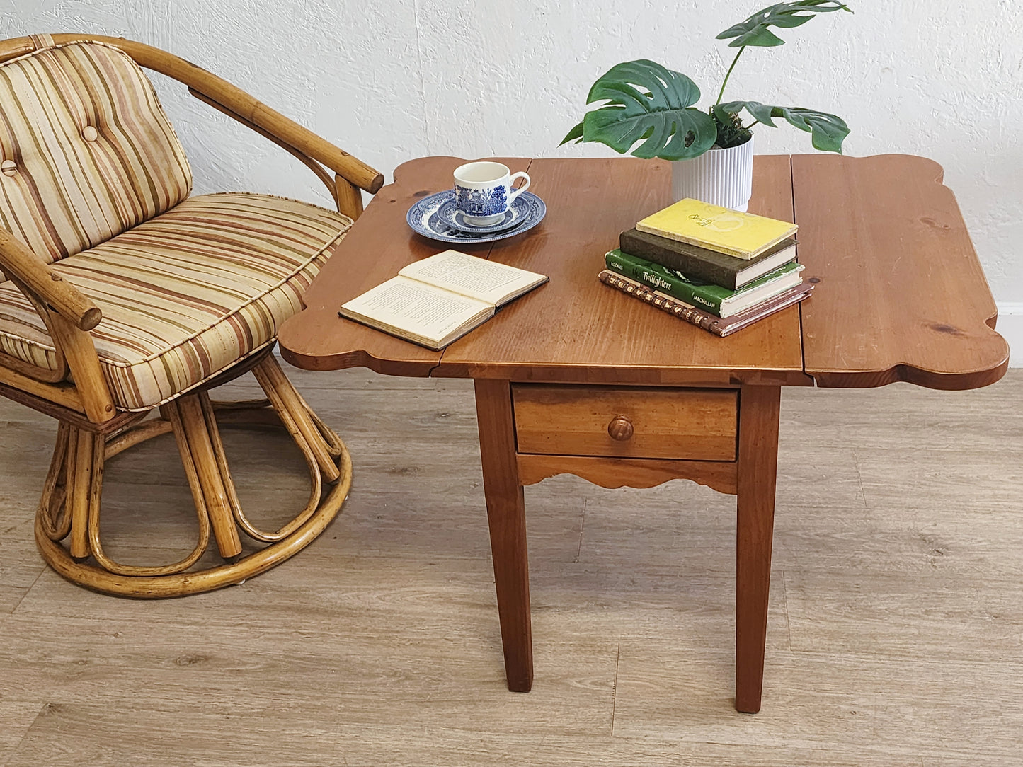 Broyhill Farmhouse Dropleaf End Tables-Rustic Solid Pine Single Drawer Large Side Tables