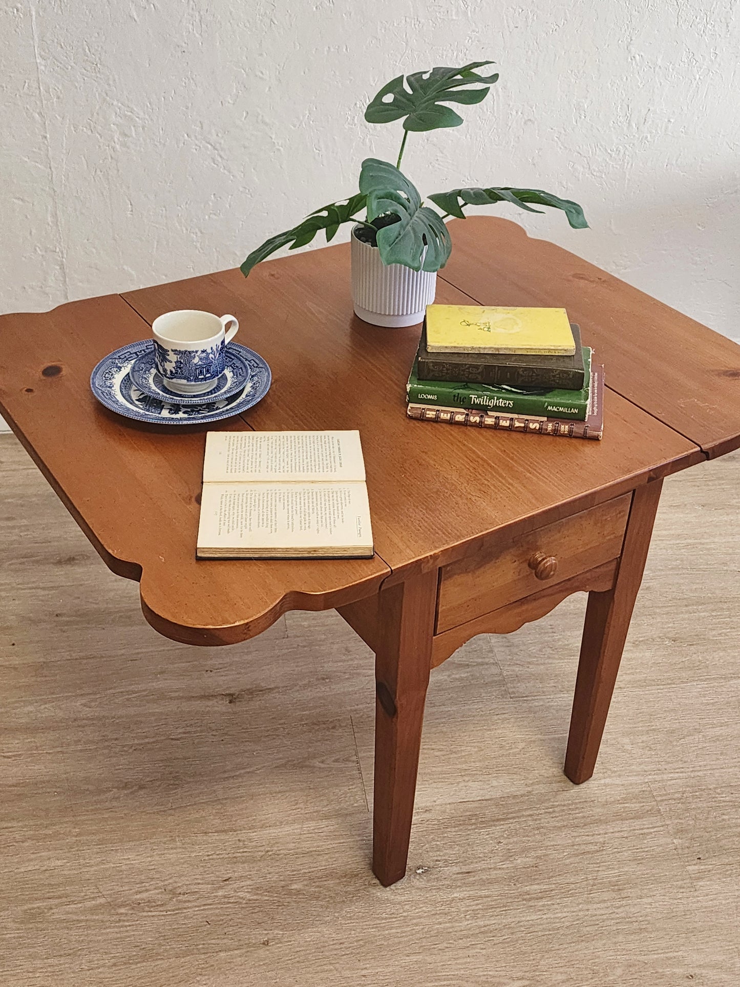 Broyhill Farmhouse Dropleaf End Tables-Rustic Solid Pine Single Drawer Large Side Tables