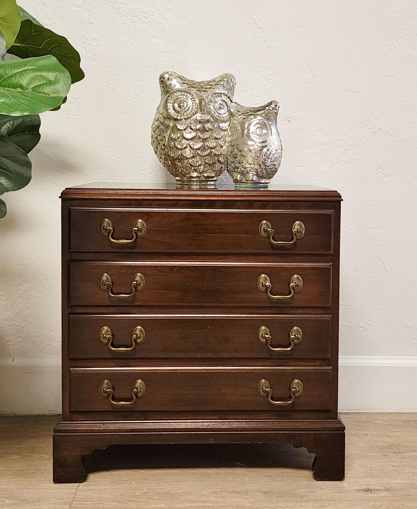 Petite Ethan Allen Georgian Bedside Chest-Traditional 4 Drawer Silver Chest, Nightstand With Brass Handles, Chairside End Table 11-3005