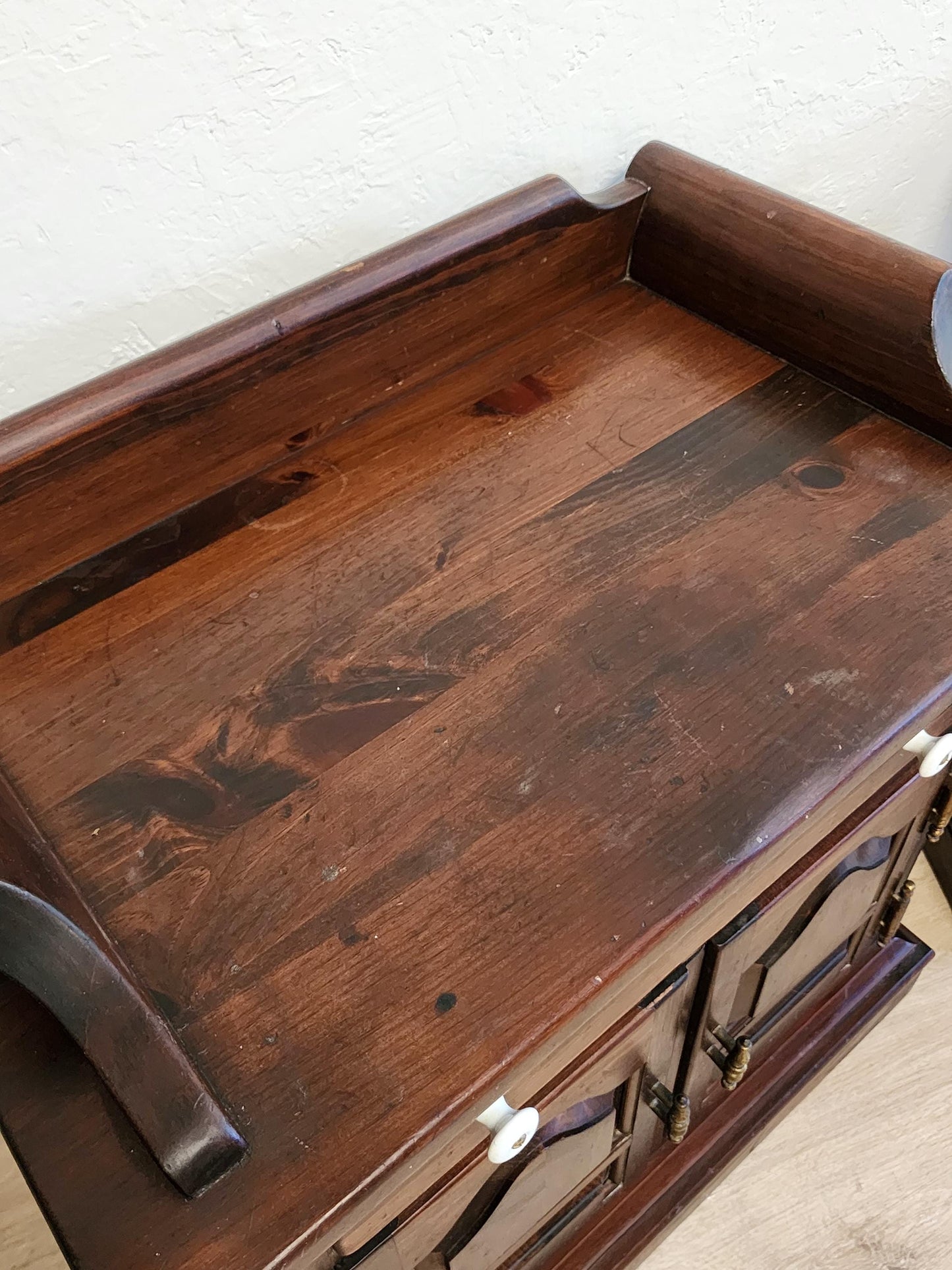 Pair Dark Pine Rustic Ethan Allen Side Tables-Farmhouse Tavern Storage Cabinets Nightstands