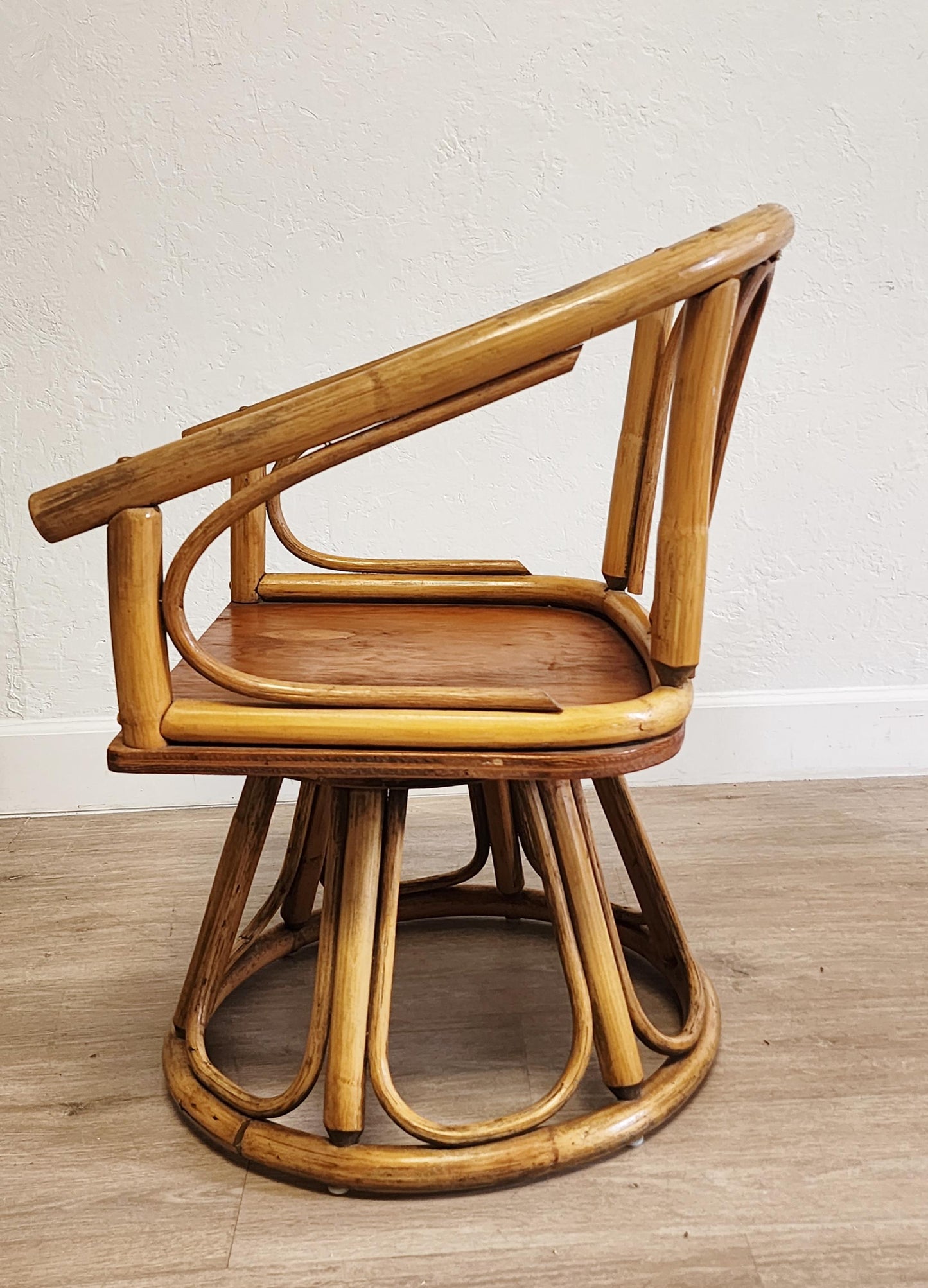 Vintage Tiki Rattan Swivel Chairs-Pair Bent Rattan Coastal Side Chairs-Boho Retro Bentwood Seats