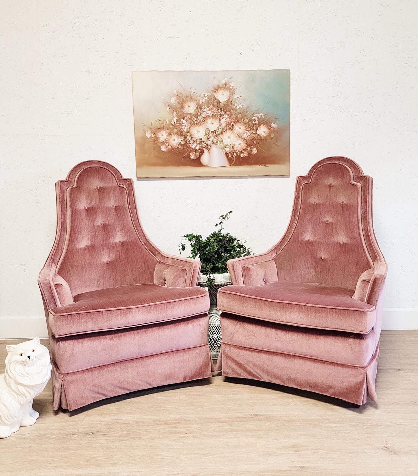 MCM Tall Pink Velvet Armchairs, Set of 2 Mauve Retro Tufted Upholstered Fireside Chairs, Granny Chic Pink Living Room