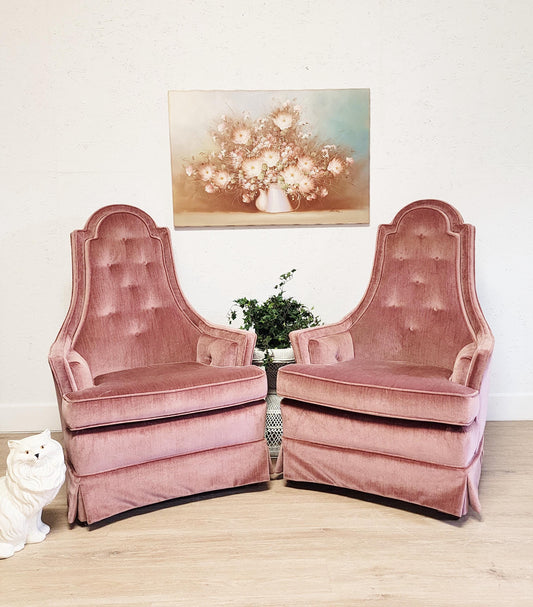 MCM Tall Pink Velvet Armchairs, Set of 2 Mauve Retro Tufted Upholstered Fireside Chairs, Granny Chic Pink Living Room