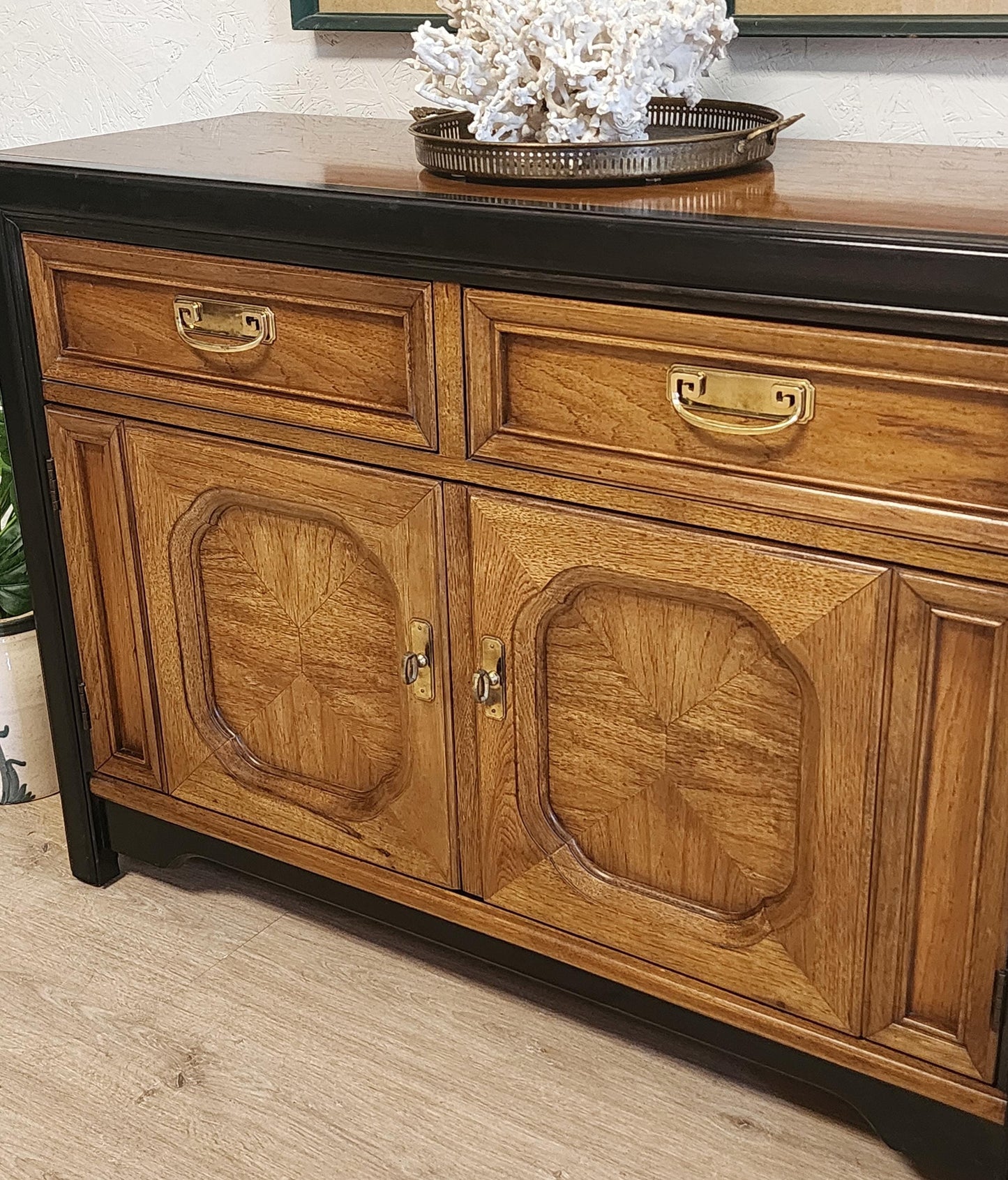Thomasville Embassy Buffet-Campaign Chinoiserie Solid Wood Server- Vintage Asian Modern Console Cabinet-Ebony Brass Credenza
