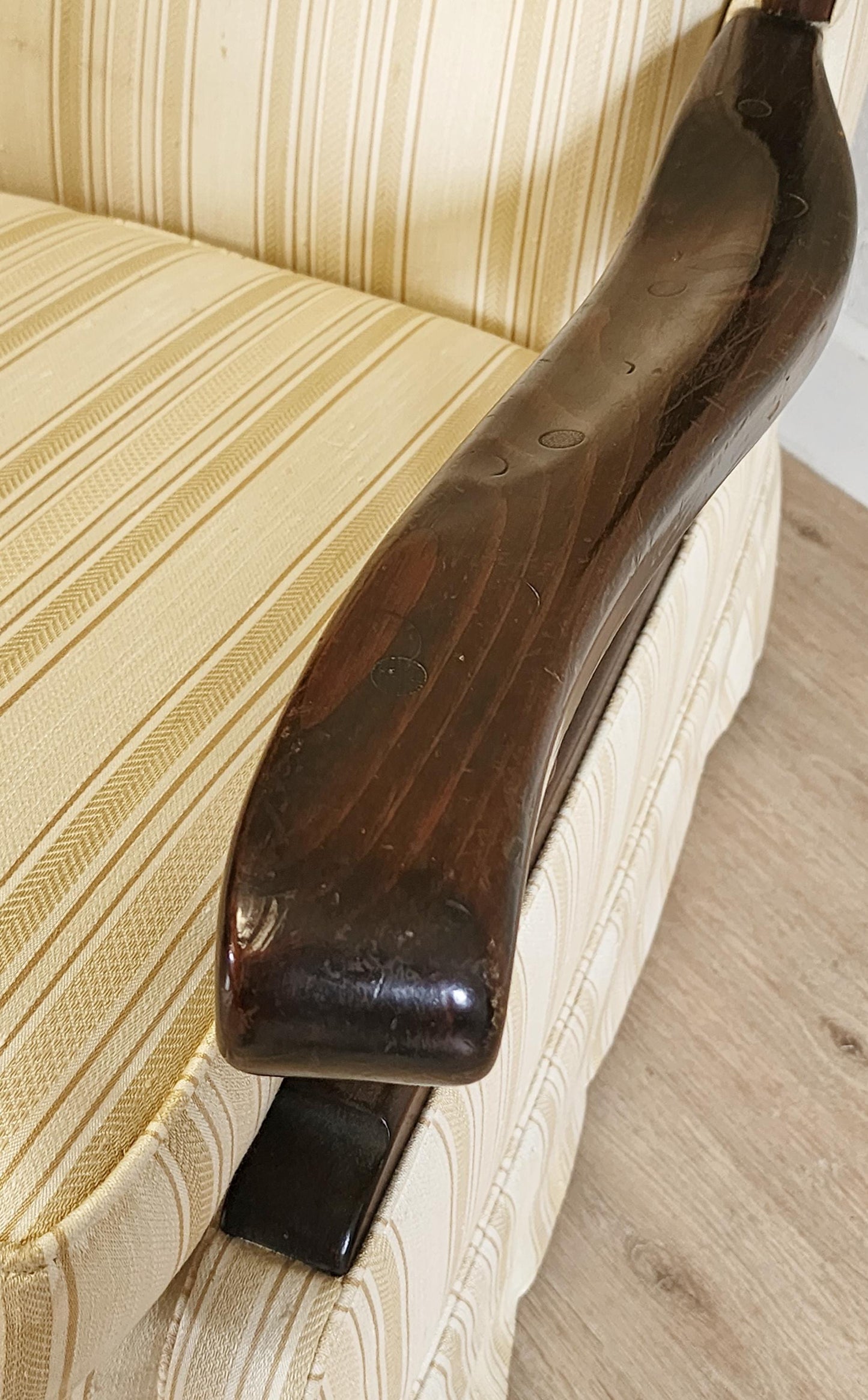 Vintage Dark Wood Sofa or Armchair-Ethan Allen Style 1970's Wood & Skirted Pinstripe Couch /  Wood Frame Retro Chair Livingroom Set