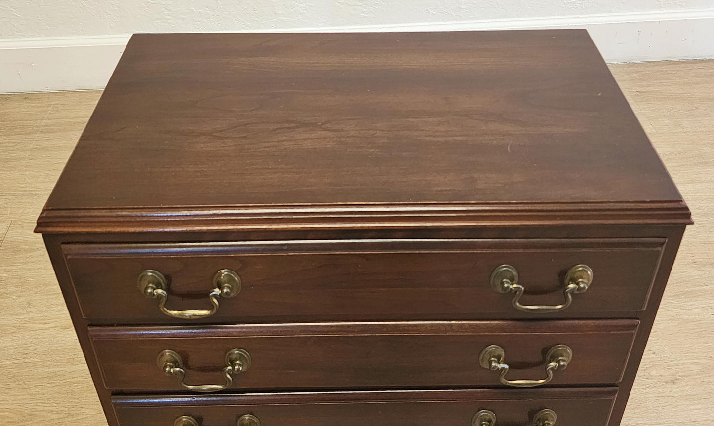 Petite Ethan Allen Georgian Bedside Chest-Traditional 4 Drawer Silver Chest, Nightstand With Brass Handles, Chairside End Table 11-3005