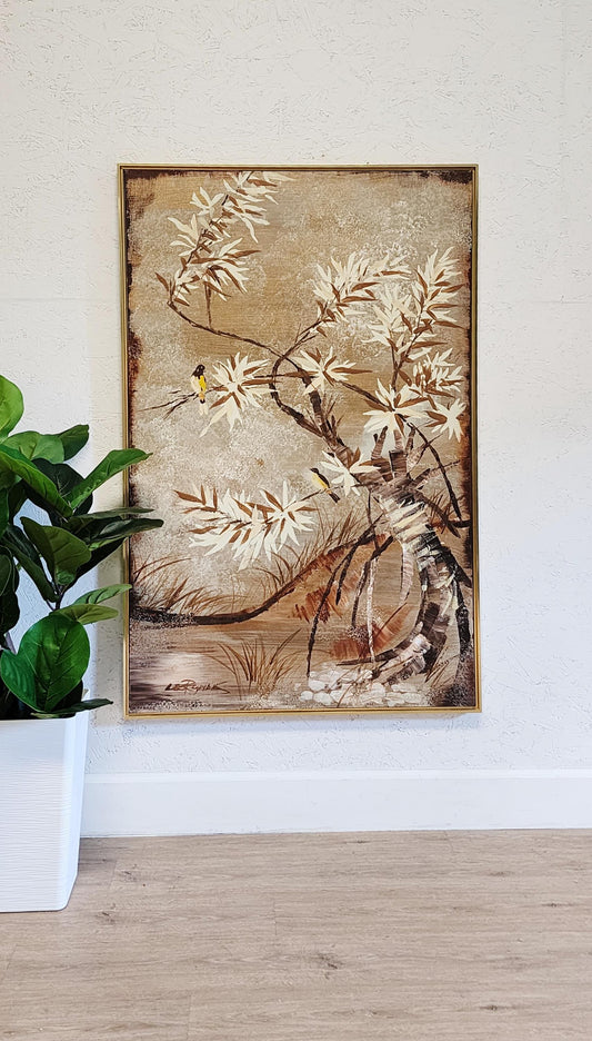 LEE Reynolds Birds w/ Bamboo  MCM Vanguard Studios Asian Nature LARGE Vertical Painting, Earth Tones Vintage Reynolds