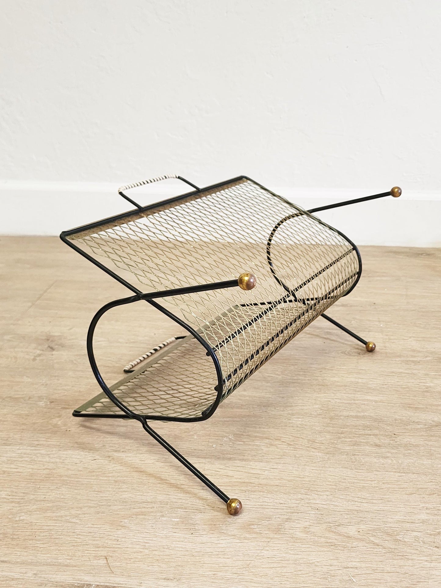 Vintage Gold Mesh Magazine Rack-MCM Black Gilt Wire Ball Foot Floor Basket-Retro Vinyl Album Storage Holder