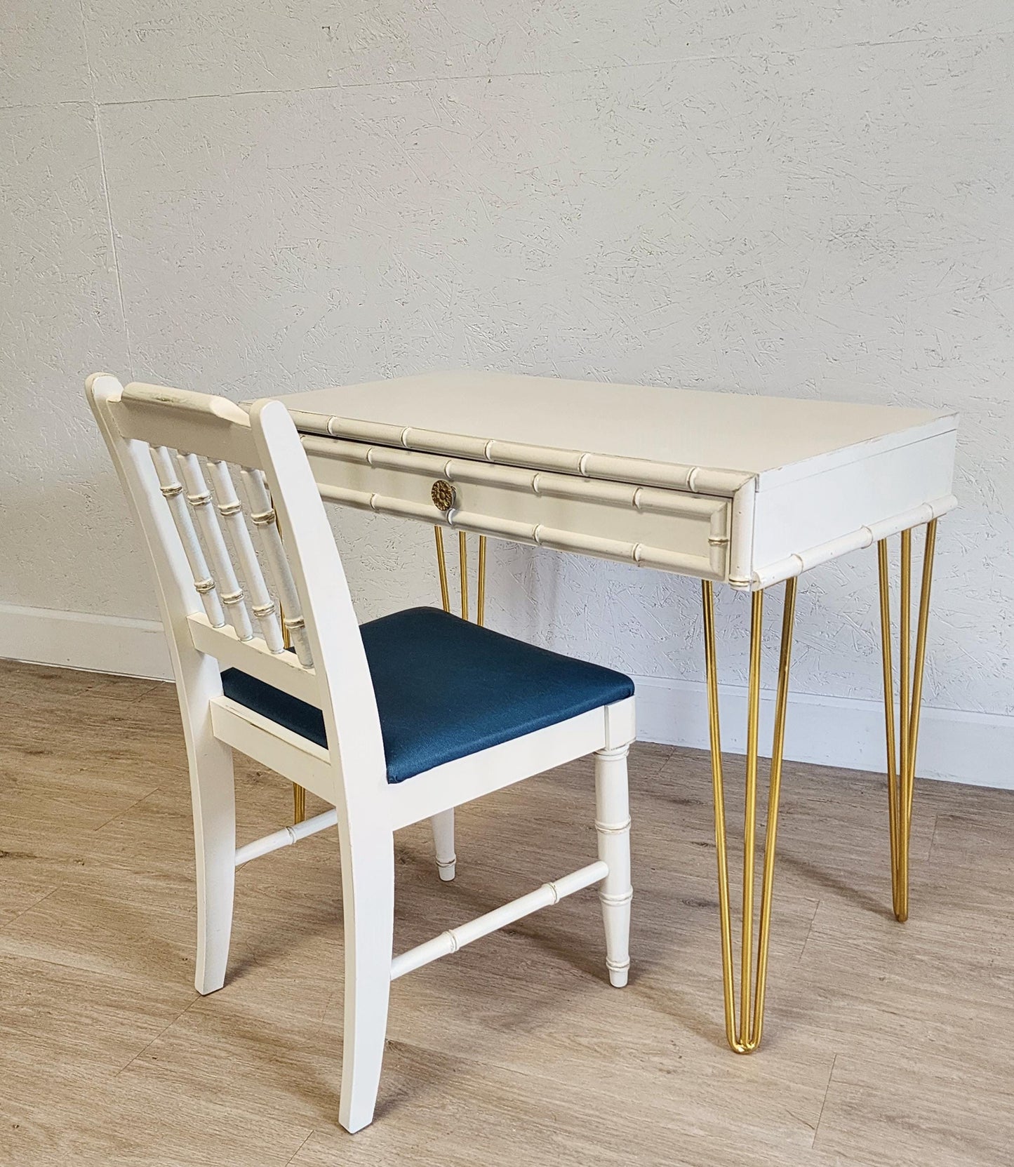 Dixie Aloha Writing Desk, Upcycled Dixie Faux Bamboo & Gold Desk Chair Set, MCM Hairpin Bamboo Console Desk, Hollywood Regency Vanity Desk