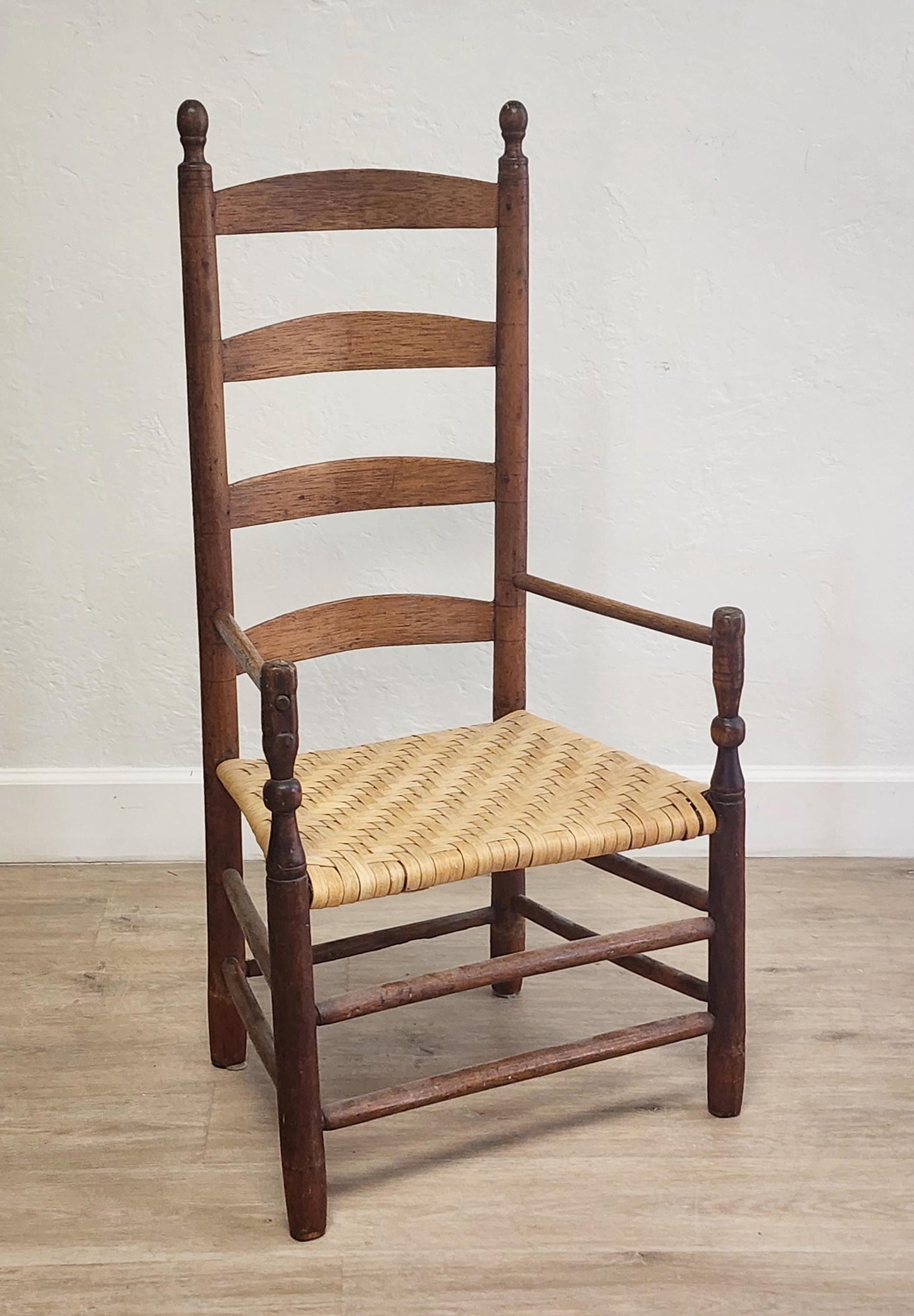 Pair Shaker Style Primitive Chairs-Antique Ladderback Low Farmhouse Flat Weave Splint Seat Elder Chairs