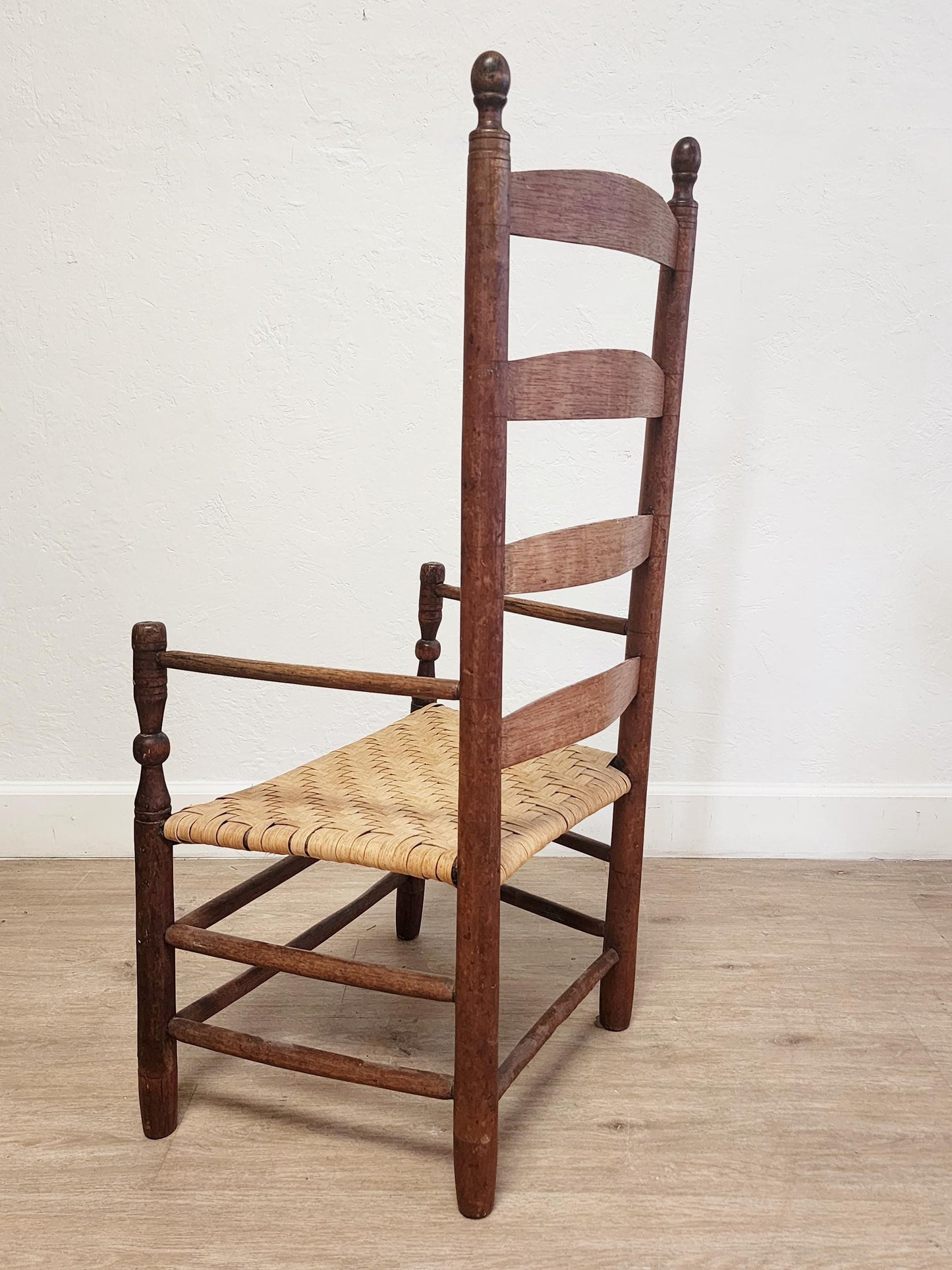 Pair Shaker Style Primitive Chairs-Antique Ladderback Low Farmhouse Flat Weave Splint Seat Elder Chairs