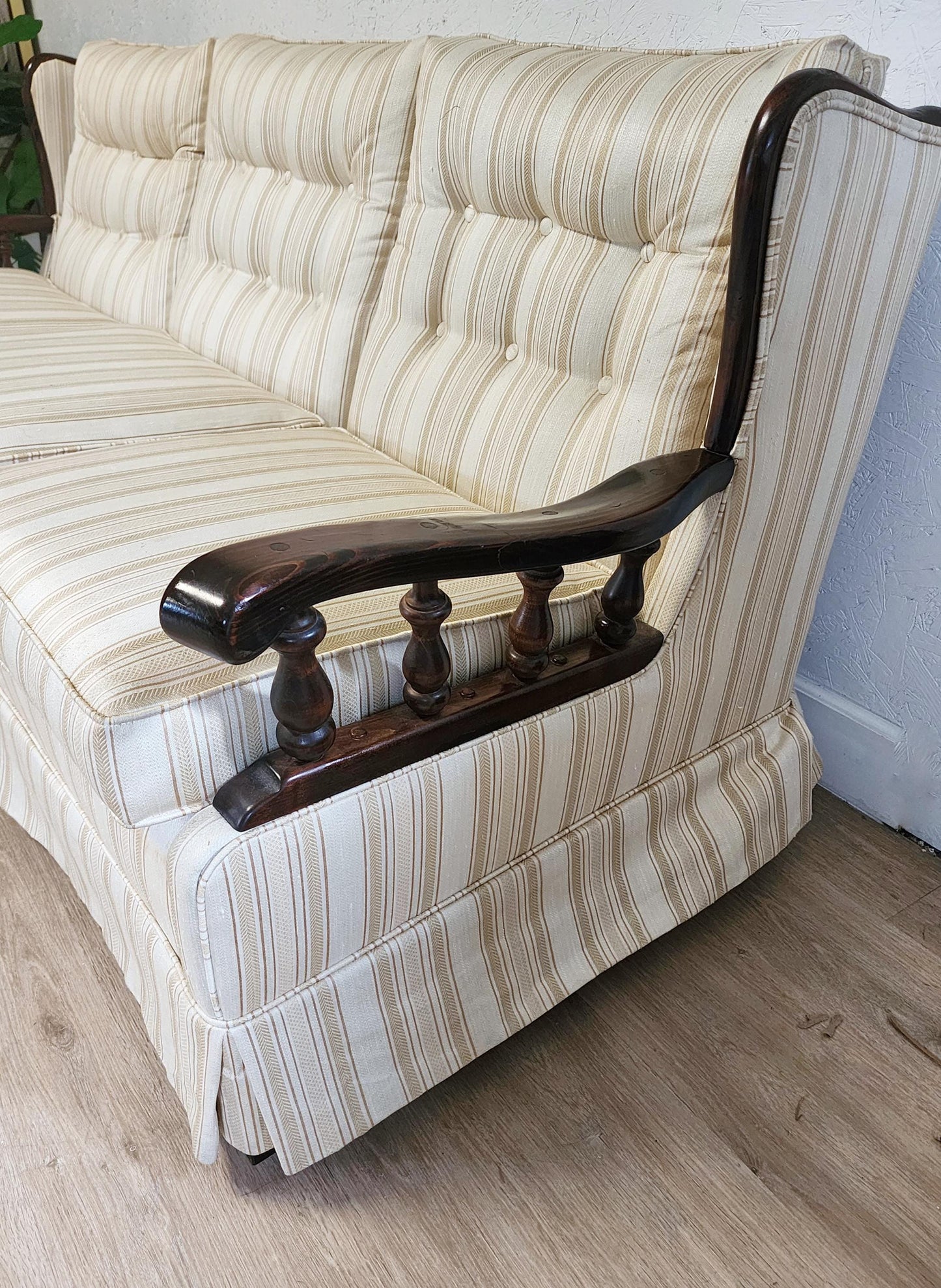 Vintage Dark Wood Sofa or Armchair-Ethan Allen Style 1970's Wood & Skirted Pinstripe Couch /  Wood Frame Retro Chair Livingroom Set