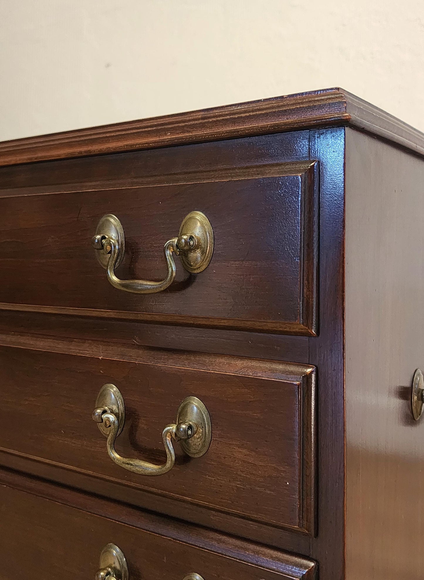 Petite Ethan Allen Georgian Bedside Chest-Traditional 4 Drawer Silver Chest, Nightstand With Brass Handles, Chairside End Table 11-3005